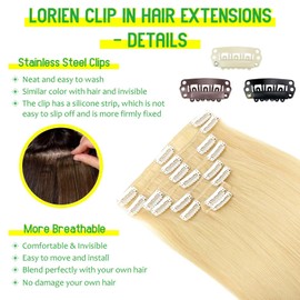 LORIEN Clip in Hair Extensions Real Human Hair, 14 Inch 80g, 613 Bleach Blonde, Clip in 100% Brazilian Remy Human Hair Extensions 8pcs Per Set with 18 Clips Double Weft