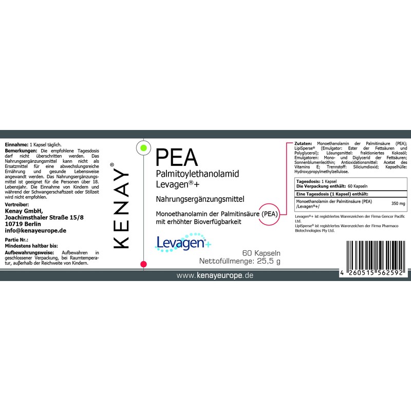 PEA Levagen+ Dietary Supplement 60 Capsules Vegan