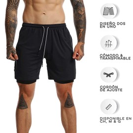 Vedicci Hombre Short Deportivo 2 en 1. Short Licra para Gym, Correr y Entrenamiento. Pantalon Corto Deportivo con Licra para Ejercicio de Secado Rápido, Comodo y Transpirable. Negro, L