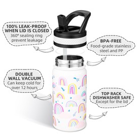 Fanhaw 420 ml Kids Insulated Water Bottle with Straw - Stainless Steel Double Wall Vacuum Cup, Leakproof, BPA Free, Suitable for Boys and Girls(White - Rainbow Dream)