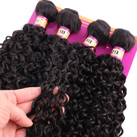 Kinky Curly Synthetic Hair Weave 4 Hair Bundles Deals 16 18 18 20 Inches Color Natural Black Synthetic Hair Weft(2#,4PCS)