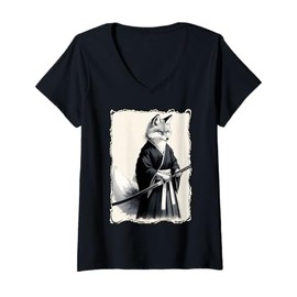 Womens Samurai Kitsune Fox Warrior Japanese Culture Ukiyo-e V-Neck T-Shirt