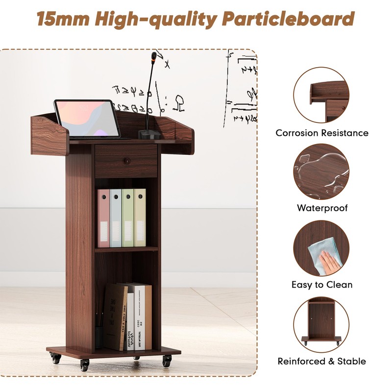 Portable Podium Stand with Metal Wheels, Rolling Podium with Drawer