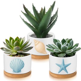 Jingmore 3 Pcs Coastal Decor Gift for Women Planter Ceramic Gift Animal Plant Pot with Bamboo Tray for Office Home Farm House Bathroom Kitchen Christmas Decorations (No Plants Included)