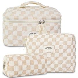 3Pcs Makeup Bag Cotton Quilted Travel Cosmetic Bag Cute Floral Makeup Pouch Large Toiletry Bag for Women Girls, Corduroy checkerboard