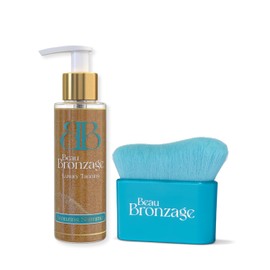 Bronzing Shimmer Highlighter & Applicator Brush 100ml by Beau Bronzage – Vegan-Friendly Post-Tan Shimmer & Makeup Serum with Glycerin – Made in the UK