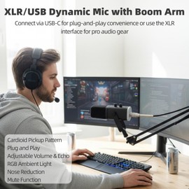 OMISTAR Dynamic Streaming USB Microphone for PC, Wireless Gaming Microphone with Boom Arm, Gaming Mic with RGB Light, Noise Reduction, Volume & Echo Knobs (100W-Boom Arm)