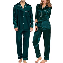 SWOMOG Couples Matching Pajamas Sets Silk Satin Long Sleeve Pj Set Soft Button Down Sleepwear 2 Pcs Loungewear Women Deep Green Large