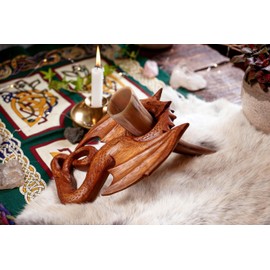 Windalf Vikings Drinking Horn Stand Dragon 23 cm Dragon Viking Drinking Horn Holder Decoration Handmade Wooden