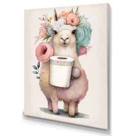 DesignQ Canvas Art Wall Decor Cute Llama with Toilet Paper and Flowers II Bathroom Wall Decor, Bathroom Decor, Bathroom Decor Wall Art, Wall Art - Made Of Wood & Cotton Material- Large Sizes