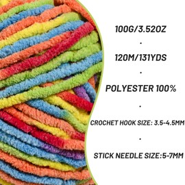 Plush Chunky Chenille Yarn for Crocheting, Soft Fluffy Velvet Yarn for Crocheting Amigurumi, Fuzzy Baby Blanket Knitting 400g/524yds Bulky（4 Rainbow）