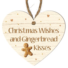 "Christmas Wishes and Gingerbread Kisses" MDF Hanging Heart Plaque - Cute Festive Holiday Decoration - Indoor Use - Gingerbread-Themed Ornament Sign