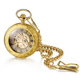 Silverora Pocket Watch Automatic Mechanical Watches: Vintage Women Men Analogue Quartz Gold Watch with Chain Antique Hollow Engraving Decorative Chain Watch with Roman Scale Gifts for Women Men, Gold