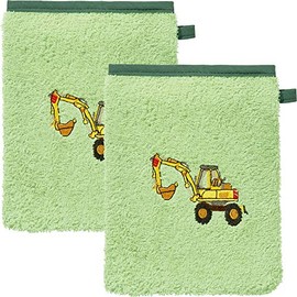 Erwin Müller Children's Wash Mitt with Tractor Digger Green Size 15 x 21 cm 100% Cotton with High-Quality Embroidery Motif Pack of 2