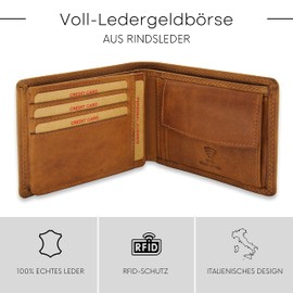Baur Men's Genuine Leather Wallet with RFID Protection, Landscape Format, Wallet with Coin Compartment and Card Slots, Wallet, camel, Large landscape format