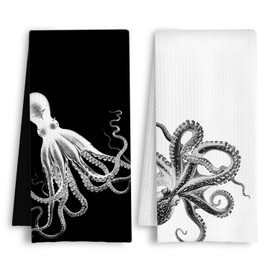 HSIASHENG Black and White Octopus Coastal Kitchen Towels, Beach Nautical Dish Tea Towels, Retro Ocean Octopus Animal Decorative Hand Towel for Bathroom Kitchen, 16x24 Inch Set of 2