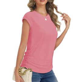 Trendy Womens Summer Tops 2025- Chic Ruched Short-Sleeve Crewneck T Shirts Fashionable Casual Wear(Pink,2XL)