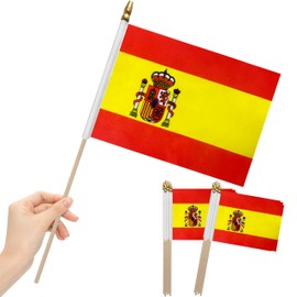 LoveVC 12Pcs 8×12 Inch Spain Flags Small Spanish Flag on Wood Stick Mini Handheld Flags Decorations