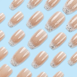 24 Pcs Coffin Press on Nails Short Fake Nails with Glitter Designs French Tip Nails Press ons Full Cover False Nails Nude Acrylic Nails Artificial Stick on Nails Glue on Nails for Women