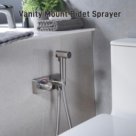 HOMYEP Brass Handheld Toilet Bidet Sprayer Attachment with Spray-Holding Jet, Bathroom Vanity Mount Bidet Faucet with Hot and Cold Water, 4-Inch Center-Set RV Shower Valve, Brushed Nickel