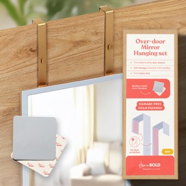 [Heavy Duty] 14.5" GOLD Over-The-Door Mirror Hanger Set (Extra Wide) with Any-Banging Adhesive + SUCTION cup pads and Inner Protective Padding (Already Applied) | Door Brackets Hanger Hooks Set