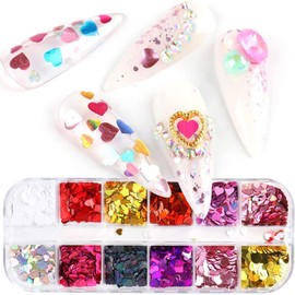 Heart Nail Art Glitter Sequins, 3D Love Heart Nail Flakes Design, Holographic Laser Big Small Hearts Nail Art Supplies for Women Girls Manicure Sparkle Decorations, DIY Body Makeup Kit(2 Boxes)