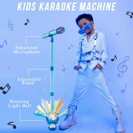 Kids Karaoke Machine with Stand,Kids Microphone Flashing Stage Lights Adjustable Stand Gift for Age 3+ Years Old Children (Blue) (Blue)