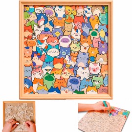Wooden Cat Coloring Puzzle, 75-Piece DIY Kitties Jigsaw Craft with Frame and 12 Color Pens, Paintable Wood Board for Adults, Kids, Cat Lovers, Family Activity, Home Decor (Kitty)