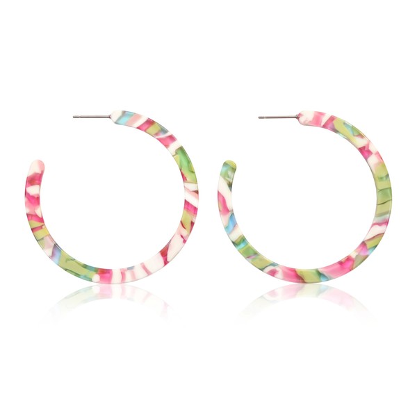 Pink & Green Tortoise Shell Hypoallergenic Large Hoop Earrings |