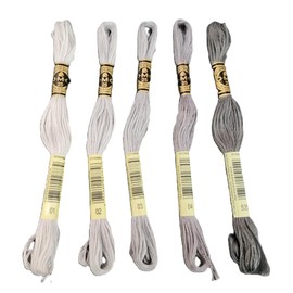 DMC Gray Ombre Cotton Embroidery Floss Bundle with Rylei Crafts Plastic Bobbins, 6 Strands, 8.7 Yards, 5 Skeins, Grey