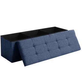 CUYOCA 45.3 Inches Ottoman Bench With 166L Storage Space - Foldable Seat Footrest Shoe Bench for End of Bed - Flipping Lid, Linen Fabric, Navy