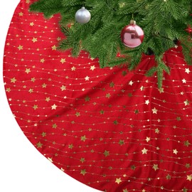 KONVINIT Red Christmas Tree Skirt Velvet Xmas Tree Skirt with Golden Star Christmas Tree Mat Blanket Floor Protector Luxury Christmas Tree Decorations