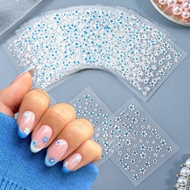 30 Sheets Flower Nail Art Stickers White Flower with Blue Crystal Diamond Nail Art Design Nail Decals, 3D Self Adhesive Flowers Nail Stickers Charms for Nails Decorations Manicure Accessories