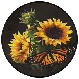 Butterfly Sunflower Round Area Rug, Sunflower Pattern Non-Slip Circle Rug for Bedroom Living Room Outdoor Study Playing Floor Mat Carpet, 3' Diameter