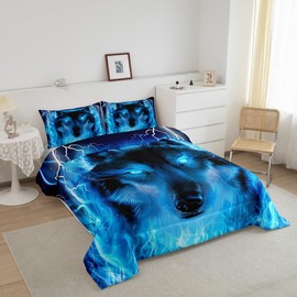 Feelyou Wolf Bedding Set Safari Animal Pattern Comforter Cool Wildlife Style Comforter Set for Boys Girls Kids Room Decor Glitter Blue Wild Wolf Lightweight Duvet Set Twin Size with 1 Pillow Case