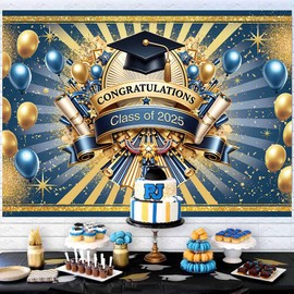 Congrats Grad Class of 2025 Backdrop Blue Gold Balloons Graduation Glitter Photography Background Grad Prom Party Decor Banner for Graduation Party Decorations Supplies (7x5FT（210x150cm）)