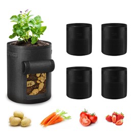 Potato Grow Bags 10 Gallon 5 Pack, Garden Vegetable Planting Bags with Handles and Window Flap, Breathable Felt Nonwoven Fabric Vegetable Growing Containers for Potato Tomato Carrot Onion(Black)