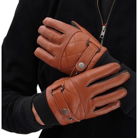 URBAN BUCK Mens Leather Motorcycle Gloves - Adult Warm Touchscreen Button Down Ribbed Quilted Tan Brown Riding Gloves Men (XXL)