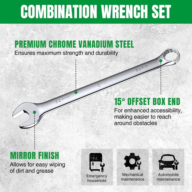 SK Long Pattern Combination Wrench Set, Metric 25 to 32mm,