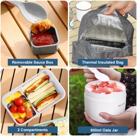 Esilihom Lunch Box Adults, Leakproof Bento Box Set with Lunch Bag, Utensils, Oats Container, for Men Women Student Office School, Food Storage with Fork & Spoon, Grey