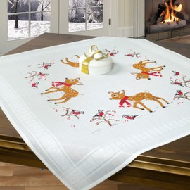 KAMACA Embroidery Kit Tablecloth Cross Stitch Pre-Drawn Complete Embroidery Set with Embroidery Template Embroidery Kit for Self-Embroidery Adults (Fawn with Scarf MD 80 x 80 cm)