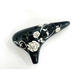 Rose Flower Ocarina 12 Hole Alto C Relief Pattern AC Tone Ceramic Instrument (Black)