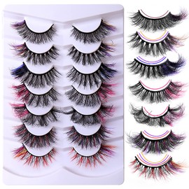 BCFHYK Upgraded 7 Pairs Colored Lashes Russian Strip Lashes with Color 7 Colors 7 Styles Eyelashes Mix Wispy Faux Mink Lashes Fluffy Long False Eyelashes Reusable D Curl Lash-712