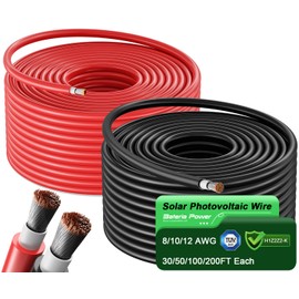 Bateria Power Solar Panel Wire 50Ft Black and 50Ft Red Kit, 10AWG (6mm²) Solar Panel Extension Cable PV Tinned Copper Wire for Outdoor Home Off-Grid Photovoltaic Systems Automotive RV Boat Marine