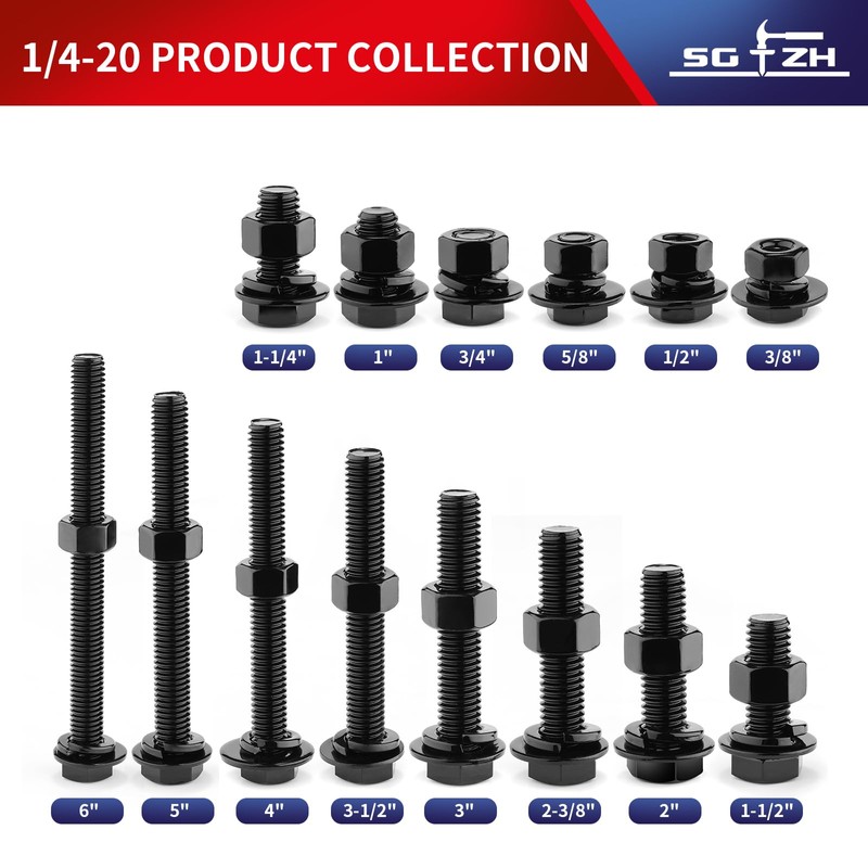1/4-20 x 4 Hex Head Screw Bolt, Nuts, Flat &