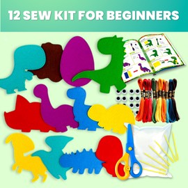 QUOKKA Kids Crafts Ages 7-9, DIY Beginner Needle and Thread Kit - 12 Wild Dino Sewing Kit Basic - Fun Arts Crafts for Kids Ages 7-9 Girls Boys - Plastic Needles, Scissors - 7+ Year Old Girl Gifts