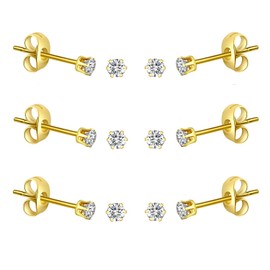 FOSIR 2-4MM Tiny Women's Stainless Steel Round Clear Cubic Zirconia Stud Earrings (3mm CZ, 14K Gold)