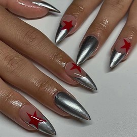 MABKJLF Press on Nails Medium Almond Sliver French Tip Fake Nails Full Cover False Nails with Red Stars Designs Y2K Press on Nails Glossy Glue on Nails Artificial Acrylic Nails for Women Girls 24 pcs
