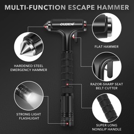 OUDEW Car Safety Hammer, Car Glass Breaker with Seat Belt Cutter, Automotive Escape Tool with Lighting Function, Metal Window Breaker, Emergecy Safety Hammer for Auto Accidents (Black)