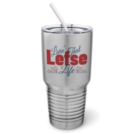 PixiDoodle Lefse Life - Floral Norwegian Lefse Tumbler with Spill-Resistant Slider Lid and Silicone Straw (30 oz Tumbler, Silver)